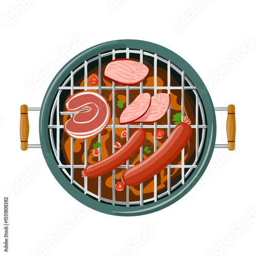Overhead view of sausages and steak cooking on a charcoal grill