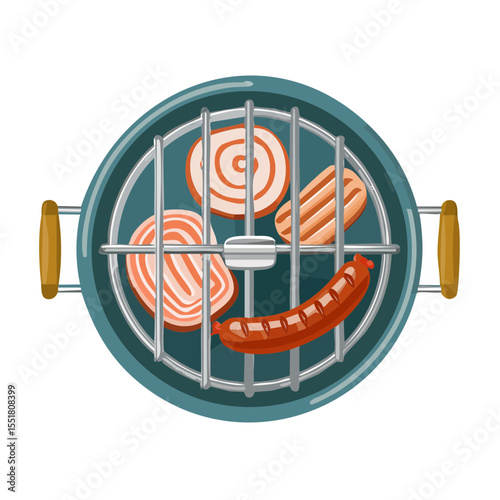 Cartoon barbecue with sausage, steaks, and ham on a grill, ready for summer cooking.
