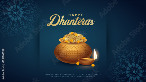 Happy Dhanteras - poster template design with gold coin in pot and decorative diya lamp. Vibrant Dhanteras festival design featuring gold coins.