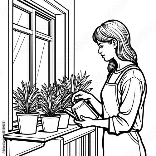 Person watering plants on balcony illustration, urban gardening and sustainability