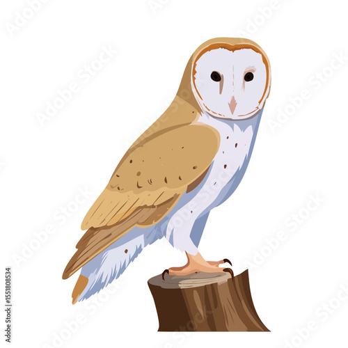 Detailed Barn Owl Illustration Perched on Tree Stump in Vector Style