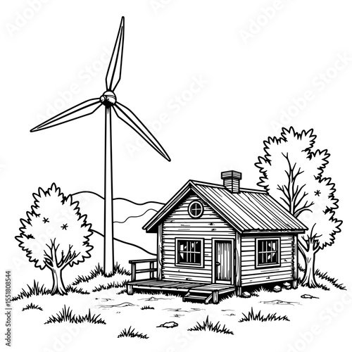 Wooden cabin with wind turbine, off-grid living eco energy illustration