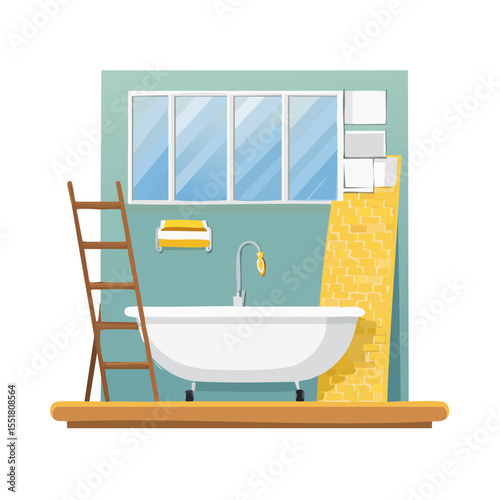 Cozy Bathroom with Bathtub, Ladder, and Window SVG Illustration