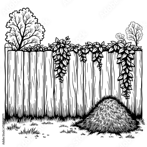 Wooden fence with climbing plants and compost pile, backyard sustainability illustration