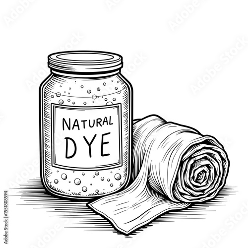 Labeled jar of natural dye with folded fabric, eco-friendly textile art illustration