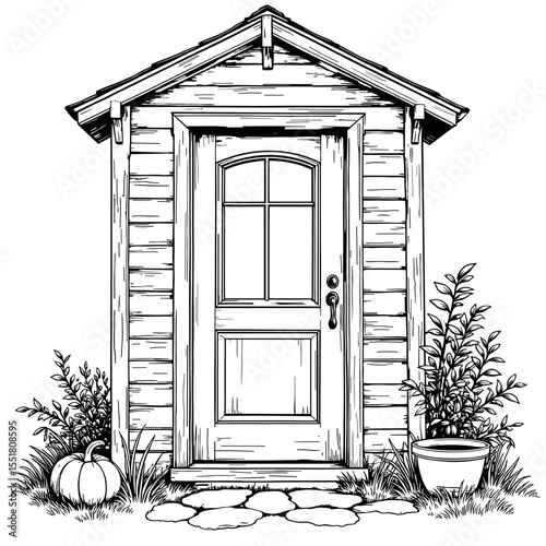 Black and white illustration of cottage door with glass inserts, sustainable style coloring page
