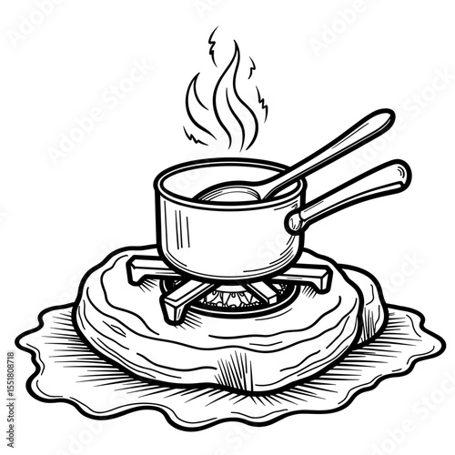 Camping stove with pot and spoon on rock, minimal outdoor cooking illustration