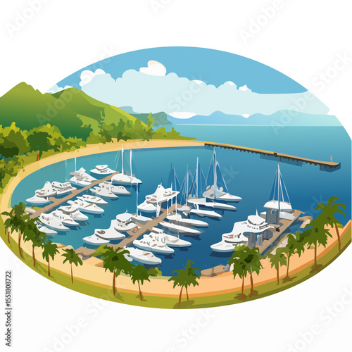 Tranquil Yacht Marina Scene with Palm Trees and Mountain Backdrop