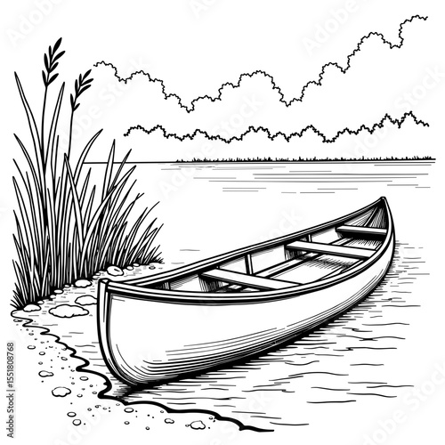 Wooden kayak docked beside grassy riverbank, bold black and white coloring page