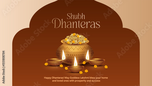 Happy Dhanteras - poster template design with gold coin in pot and decorative diya lamp. Vibrant Dhanteras festival design featuring gold coins.
