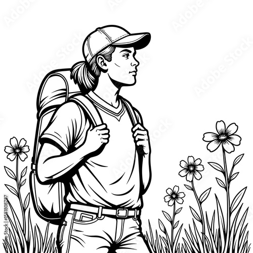 Hiker adjusting backpack among wildflowers, mindfulness and eco-friendly travel concept