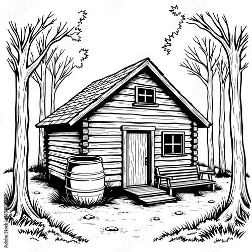 Forest cabin coloring page, off-grid living eco setup with rainwater barrel and compost bin