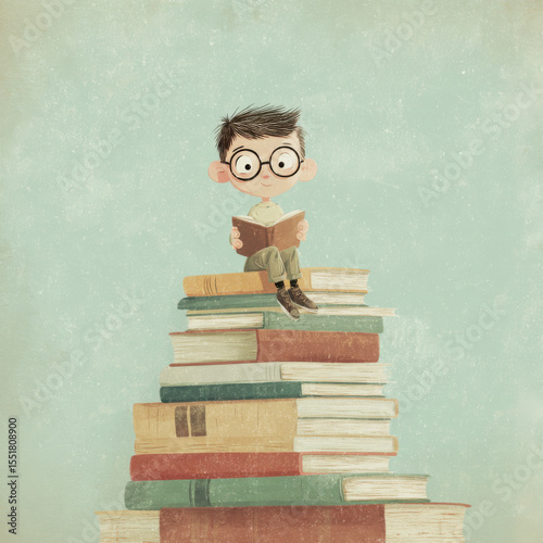 Yound nerd boy reading and sitting on a large stack of books. Pastel colored greenish background.