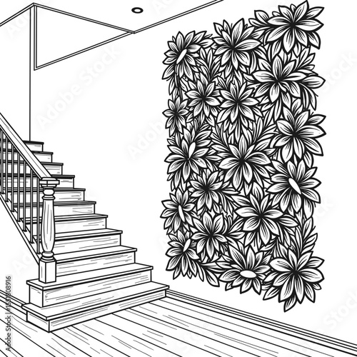 Indoor vertical garden with wood stairs, eco-friendly home decor coloring page