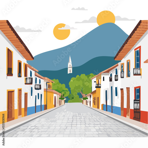 Colorful street in a colonial town with a mountain backdrop and vintage architecture