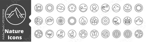 Nature icon line circle set. editable stroke. vector illustration ,nature, summer, space universe, flower, dog, cat, animal, paw, clouds,earth