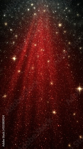 Stars illuminate the night sky with red and golden hues over a cosmic landscape filled with shimmering particles