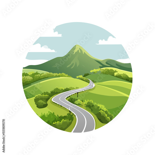 Scenic Mountain Road Landscape Illustration - Winding Path Through Hills
