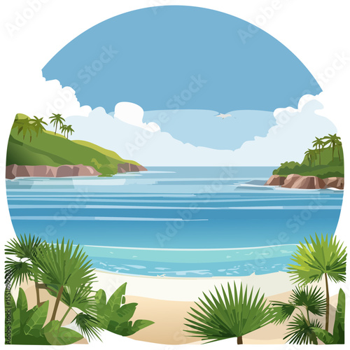 Tropical Beach Cove with Palm Trees and Calm Blue Water Illustration
