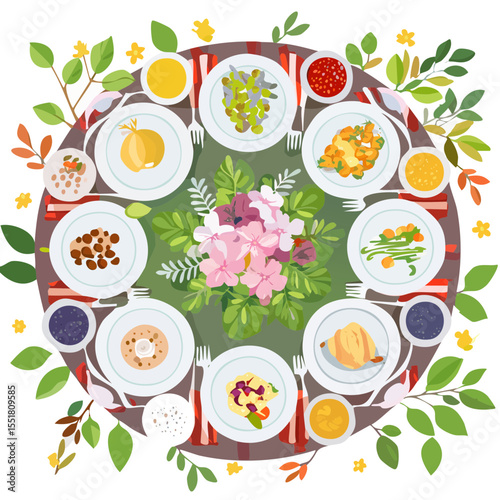 Festive Dinner Party Illustration with Food on Round Table