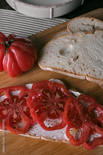 A rustic flat lay featuring slices of homemade artisan bread, fresh heirloom tomato, peppers on a wooden kitchen table. Natural light and cozy farmhouse aesthetics