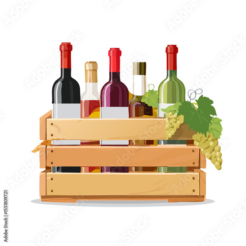 Wooden Crate Filled with Assorted Wine Bottles and Grapes