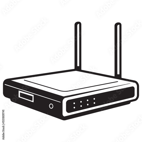 Simple black and white illustration of a modern wireless internet router with antennas