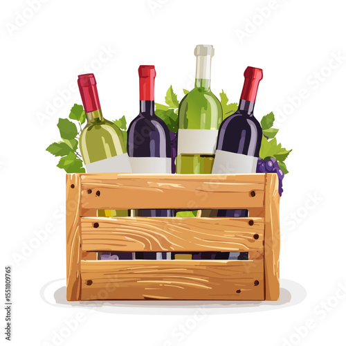 Wine bottles in a wooden crate illustration. Green and red wine.