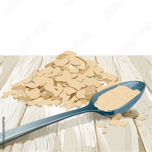 Illustration of Oatmeal on Wood Table with Spoon