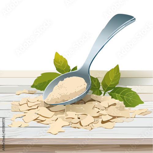 Oatmeal flakes in a spoon with basil on a wooden table