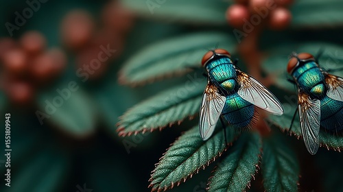 Colorful flies perched on vibrant green leaves in a lush garden during sunny daylight hours