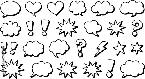 Comic Speech Bubble and Symbol Set, Hand-Drawn Exclamation, Heart, Cloud Icons.