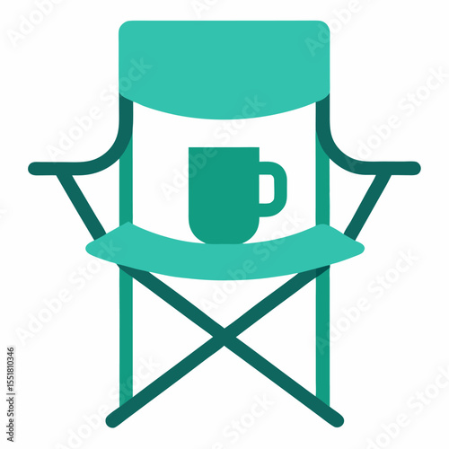 Turquoise camping chair with cup holder vector icon on white background.