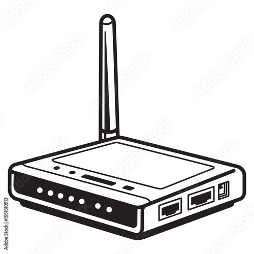 Vector illustration of a black and white wireless router with antenna and ports