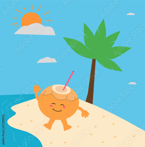 Cute coconut enjoying summer beach