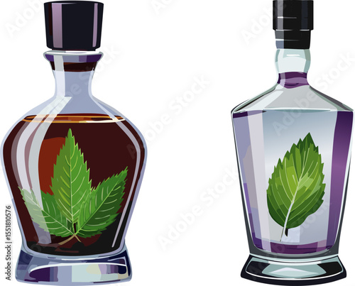 Elegant glass bottles of drinks featuring a mint leaf inside