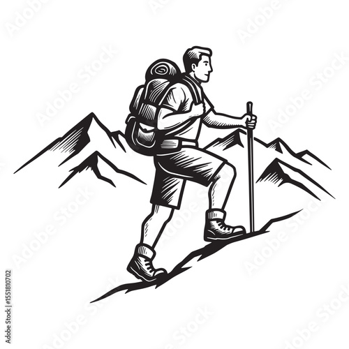 Vector illustration of a hiker ascending a mountain with backpack and walking stick