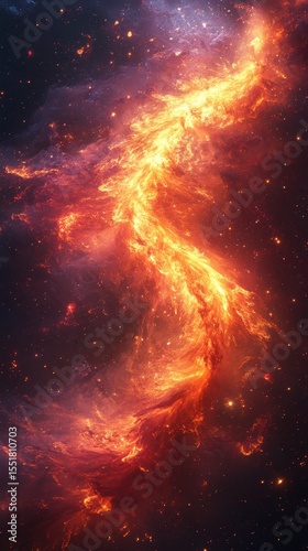 Colorful cosmic nebula exhibiting fiery orange and purple hues in expansive universe
