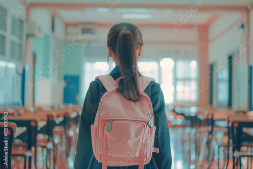 Student walking to school on the first day of September with backpack, autumn education season, Generative AI