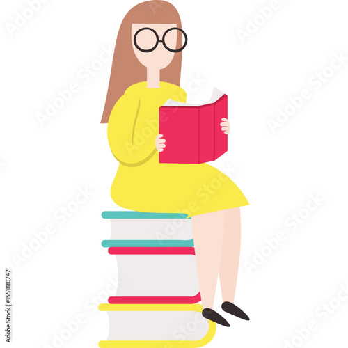 Woman reading sitting on book stack vector icon. Student literature fan isolated on white background