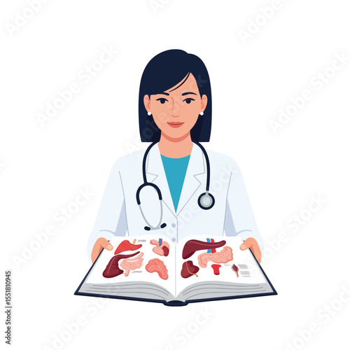 A female doctor is holding open a book displaying anatomical illustrations
