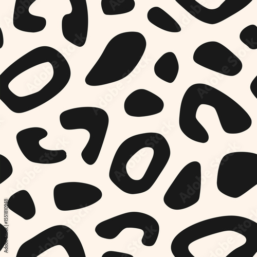 Black and white leopard print. Vector seamless pattern with bold spots, organic shapes. Cut-out style illustration. Funky animal skin texture, jaguar, cheetah, leo fur. Abstract repeating background