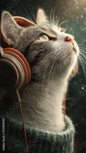 Cat wearing headphones gazes upward in a cozy environment with warm lighting and soft background effects