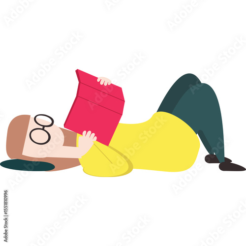Woman enjoy reading book vector icon. Student literature fan lying on floor isolated on white background. Hobby, education or library concept
