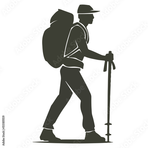 Silhouette of a Hiker with Backpack and Walking Sticks Exploring the Wilderness and Enjoying the Outdoors