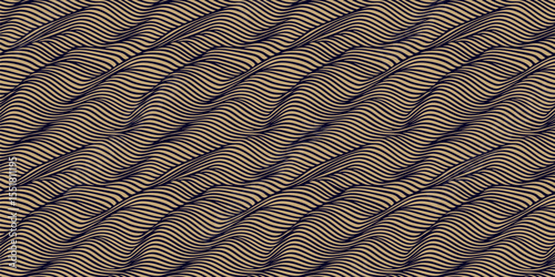 Abstract seamless pattern with liquid wavy lines, stripes, fluid shapes, waves. Vector gold and black background texture with distortion effect, illusion of movement, dynamic surface. Repeating design