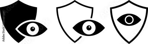 Shield with eyes icon set. privacy concept sign. protection and monitoring. surveillance privacy safety guard. audit technology observation
