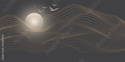 Vector abstract art Mount Fuji Japan landmark, landscape mountain with birds and sunrise sunset by gold line art texture isolated on dark grey black color background. Minimal luxury style