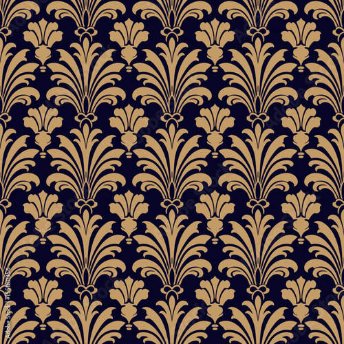 Luxury art deco seamless pattern. Abstract floral geometric ornament with feathers, leaves. Gold and black vector background in rococo, revival, renaissance, baroque, damask style. Golden geo design
