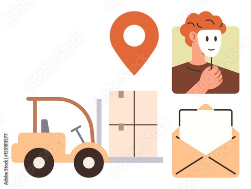 Location pin above forklift carrying boxes, envelope with paper, and person holding mask. Ideal for logistics, transportation, delivery service, anonymity, identity communication privacy. Simple